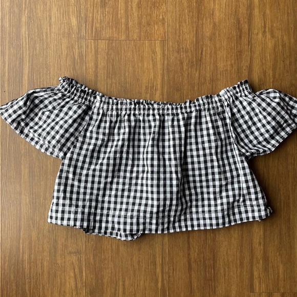 Wilfred Aritzia Crop Top Medium Garance Black White Gingham Off shoulder Blouse - Picture 6 of 10